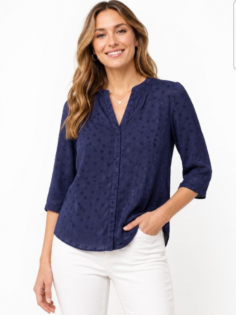 41 Hawthorne Navy Collarless Monochrome Polka Dot Burnout Dots Blouse Sz 2X